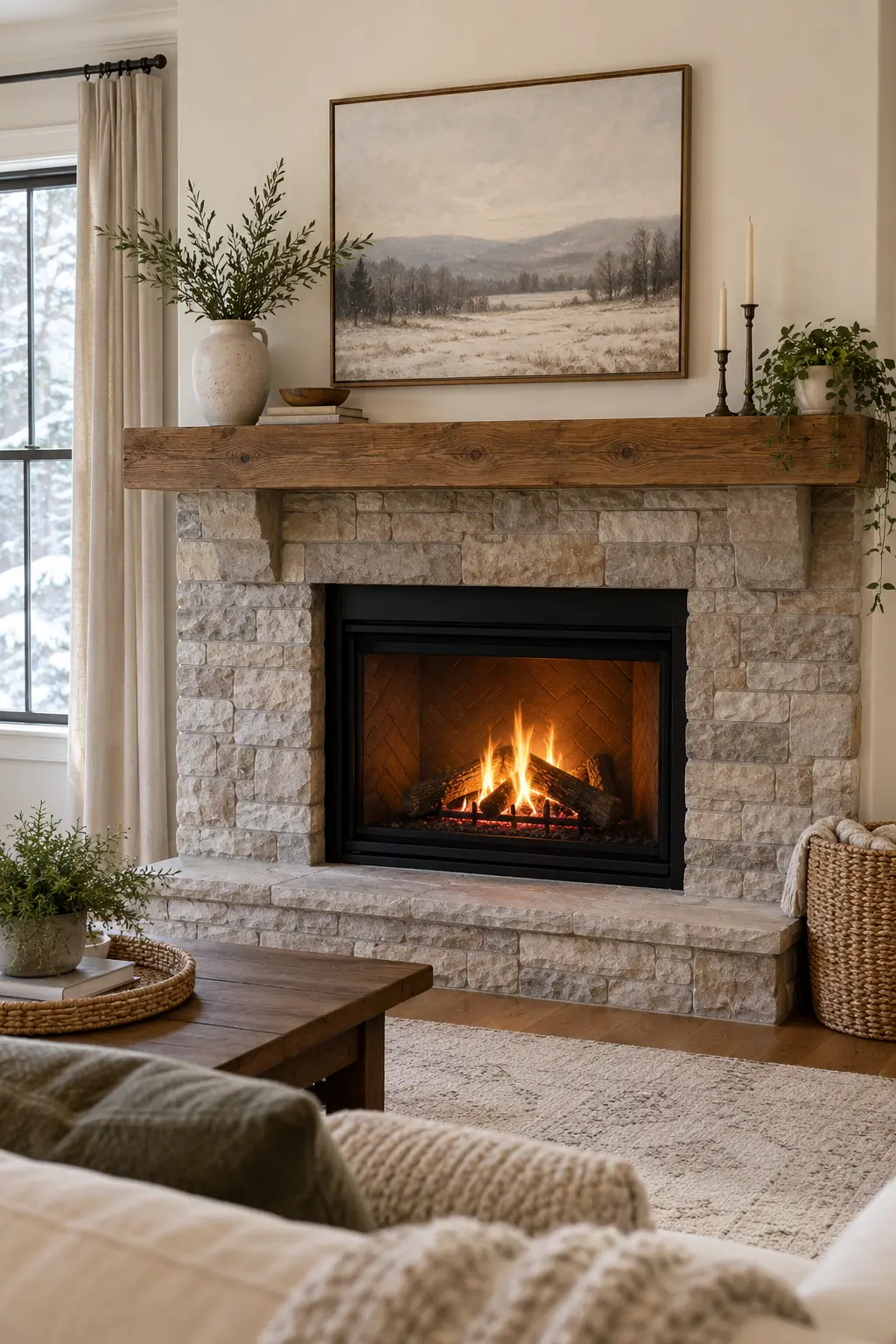 Swap the Wreath for Quiet Artwork for winter fireplace decor after Christmas
