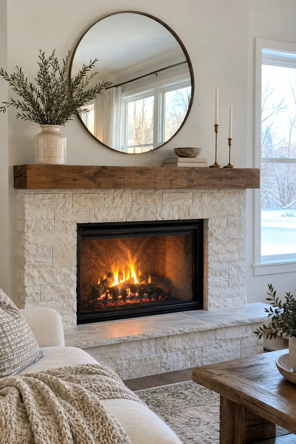 Restyle the Mirror With Less Decor for winter fireplace decor after Christmas