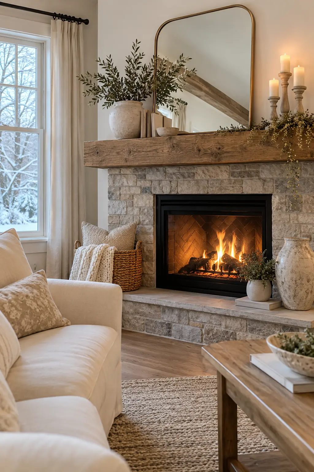 Use a Soft Winter-White Palette for winter fireplace decor after Christmas
