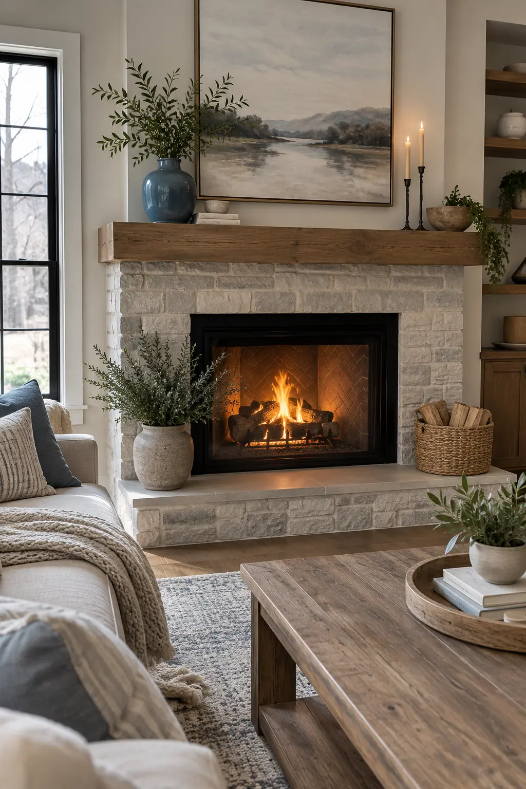 Add One Muted Blue Accent for winter fireplace decor after Christmas