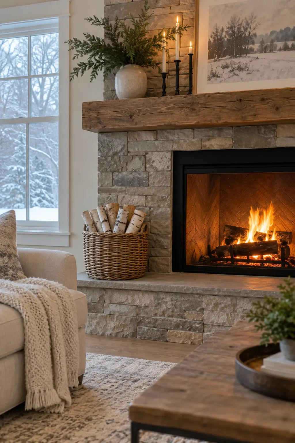 Fill the Hearth Basket With Birch Logs for winter fireplace decor after Christmas