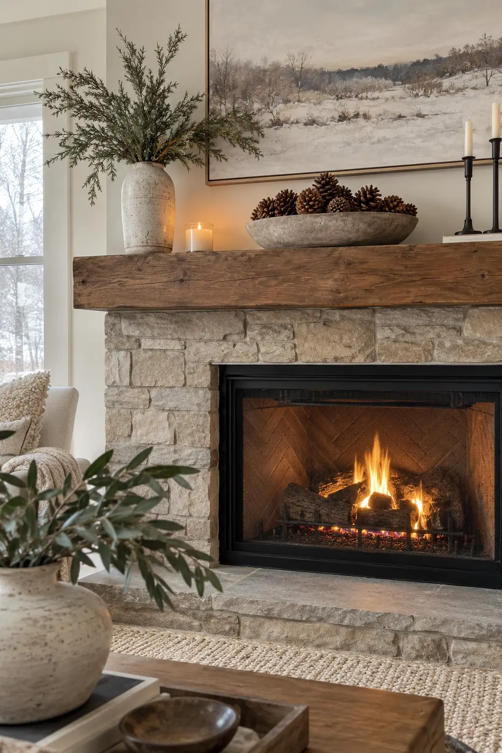 Display Pinecones in a Low Bowl for winter fireplace decor after Christmas