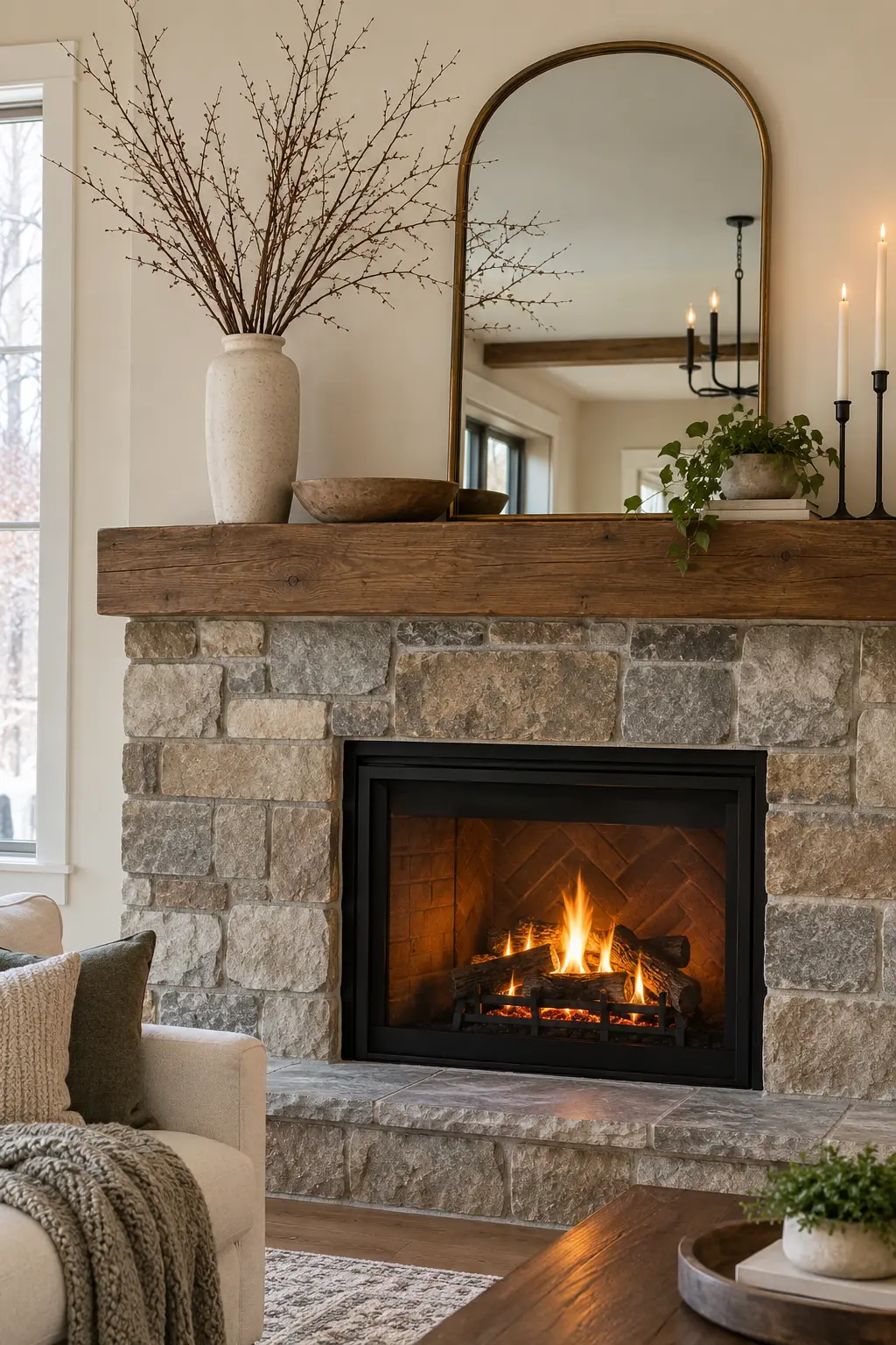 Arrange Bare Branches in a Tall Vase for winter fireplace decor after Christmas