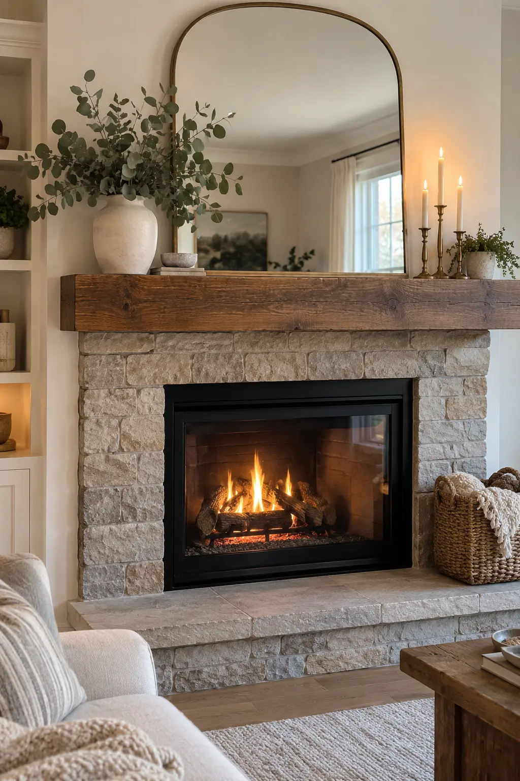 Use Dried Eucalyptus Instead of Pine for winter fireplace decor after Christmas