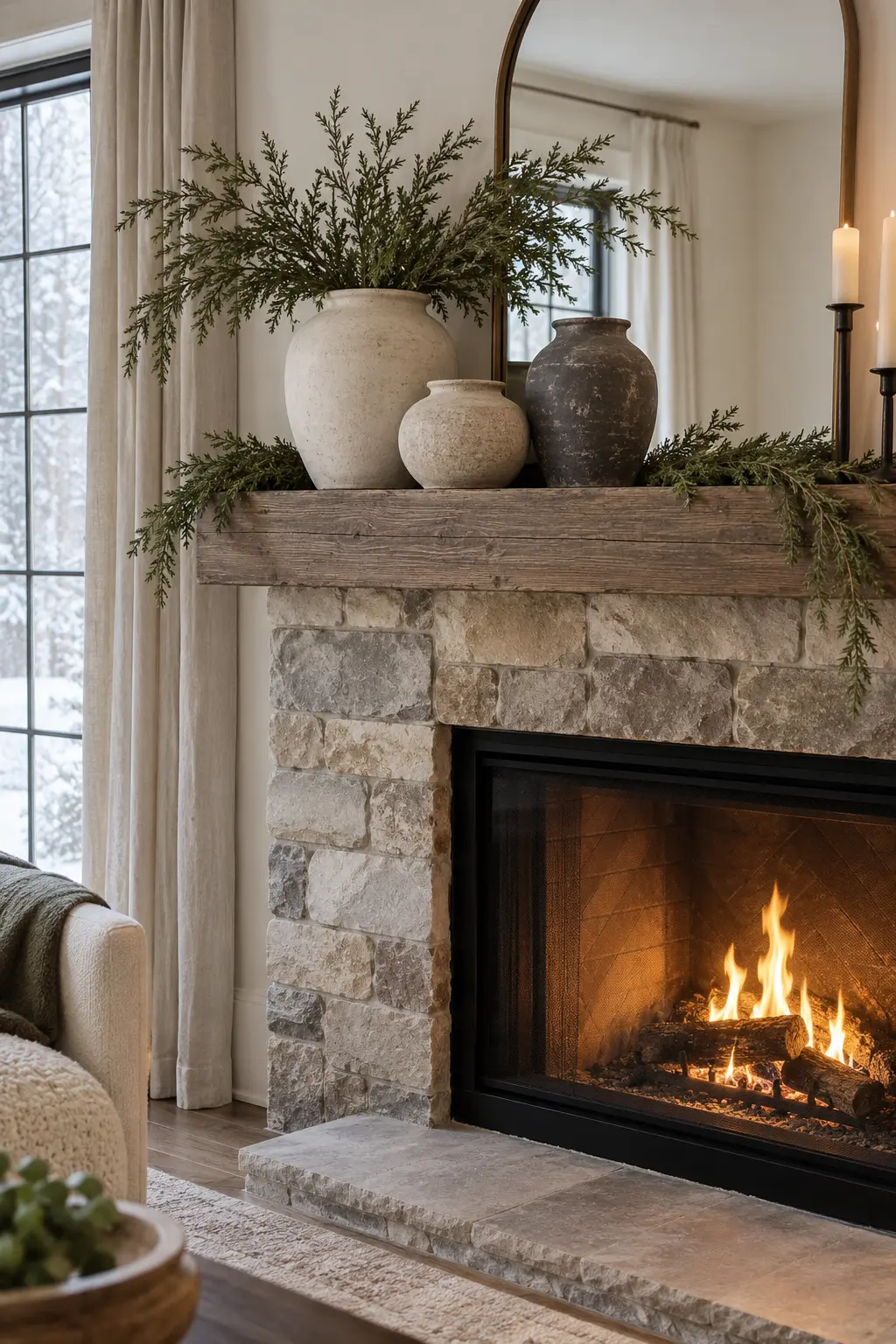 Layer Stoneware in Frosty Neutrals for winter fireplace decor after Christmas