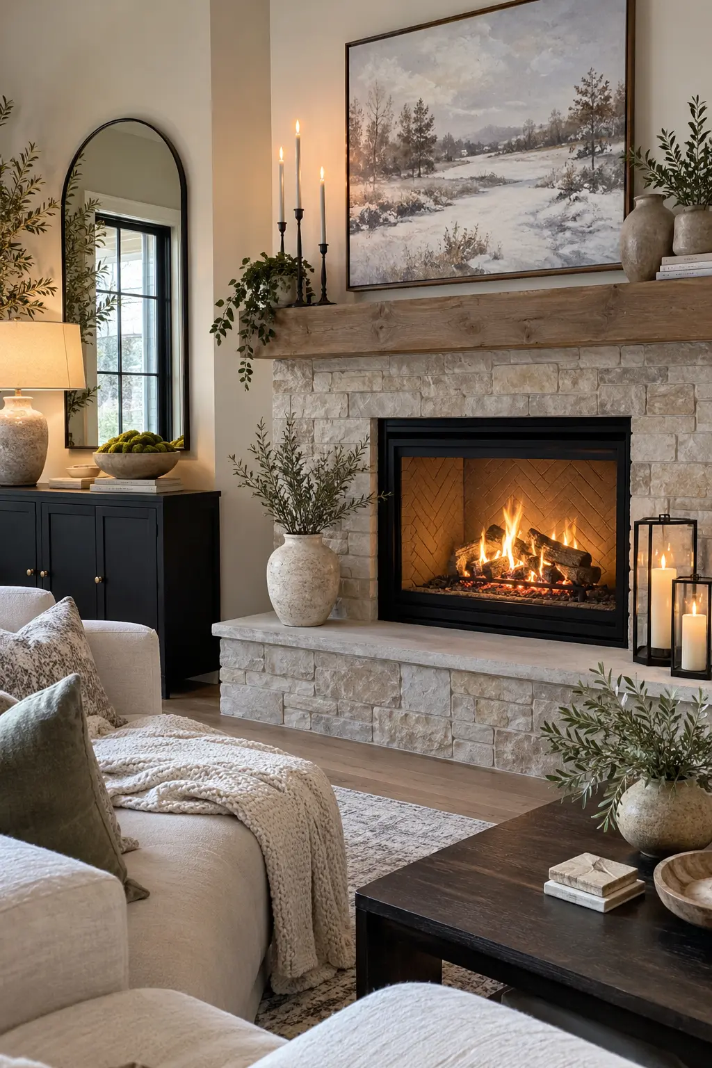 Add a Small Moss Accent for winter fireplace decor after Christmas