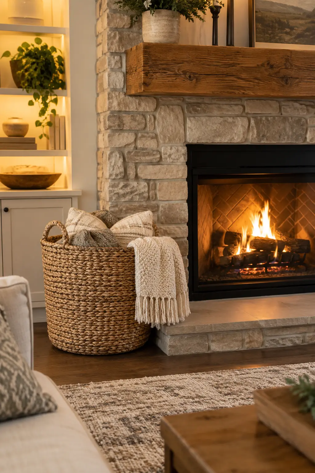 Lean a Woven Basket Near the Hearth for winter fireplace decor after Christmas