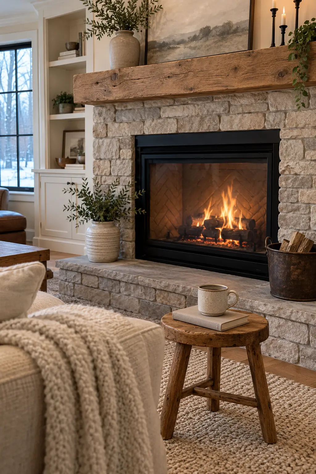Bring In a Natural Wood Stool for winter fireplace decor after Christmas