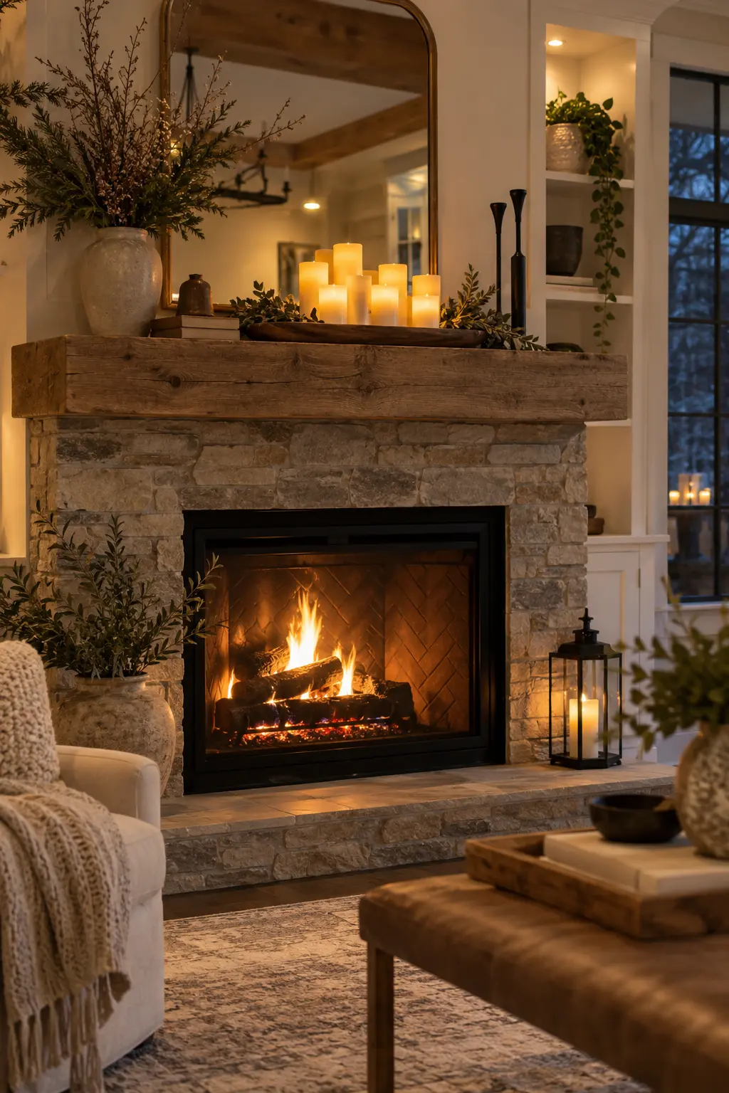 Cluster Flameless Pillar Candles for winter fireplace decor after Christmas