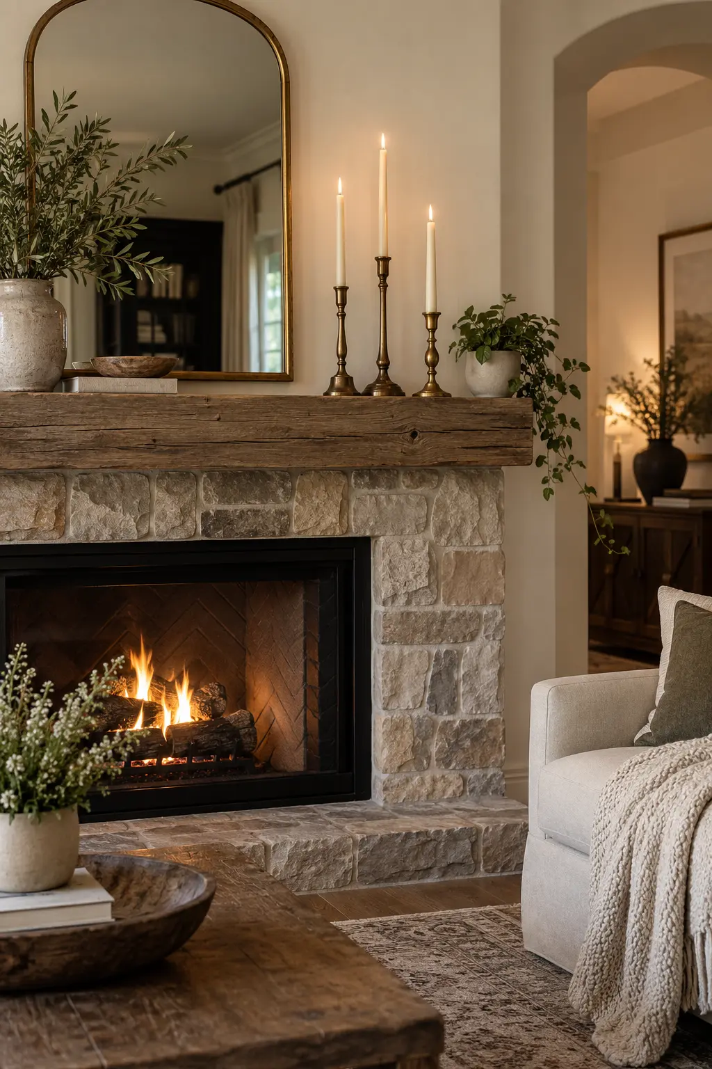 Mix Brass Candlesticks With Simple Tapers for winter fireplace decor after Christmas