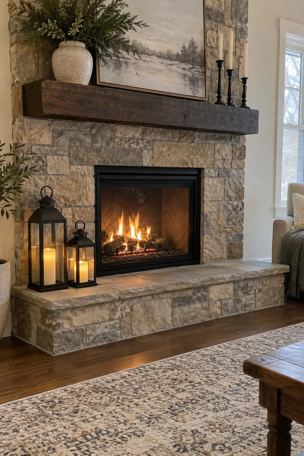 Place Lanterns on One Side of the Hearth for winter fireplace decor after Christmas