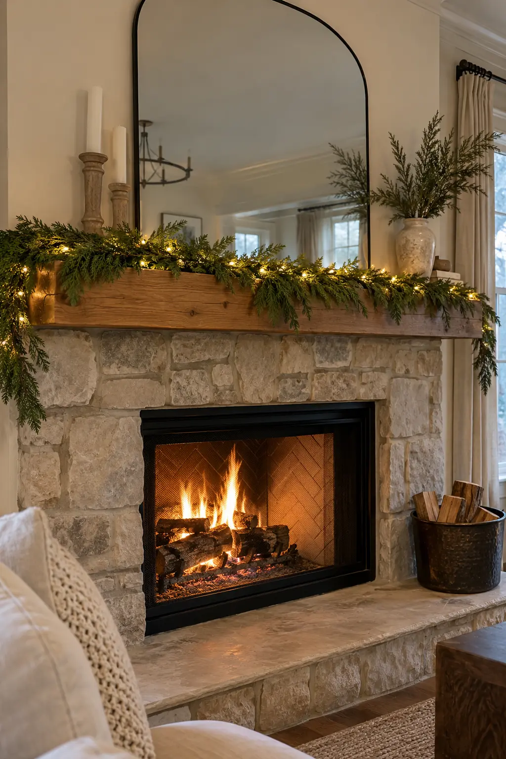 Tuck Warm Lights Under Plain Greenery for winter fireplace decor after Christmas