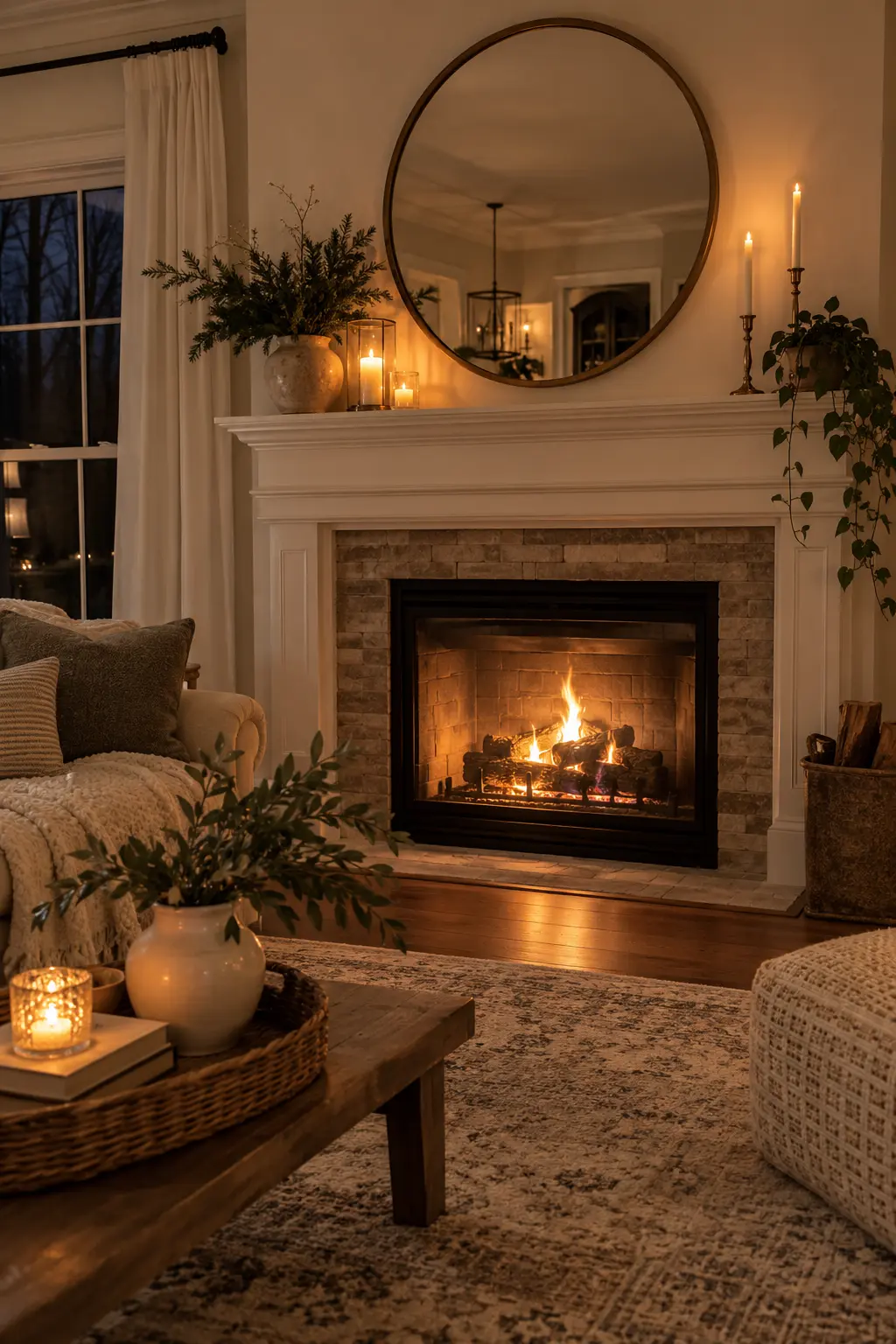Reflect Candlelight in the Mantel Mirror for winter fireplace decor after Christmas