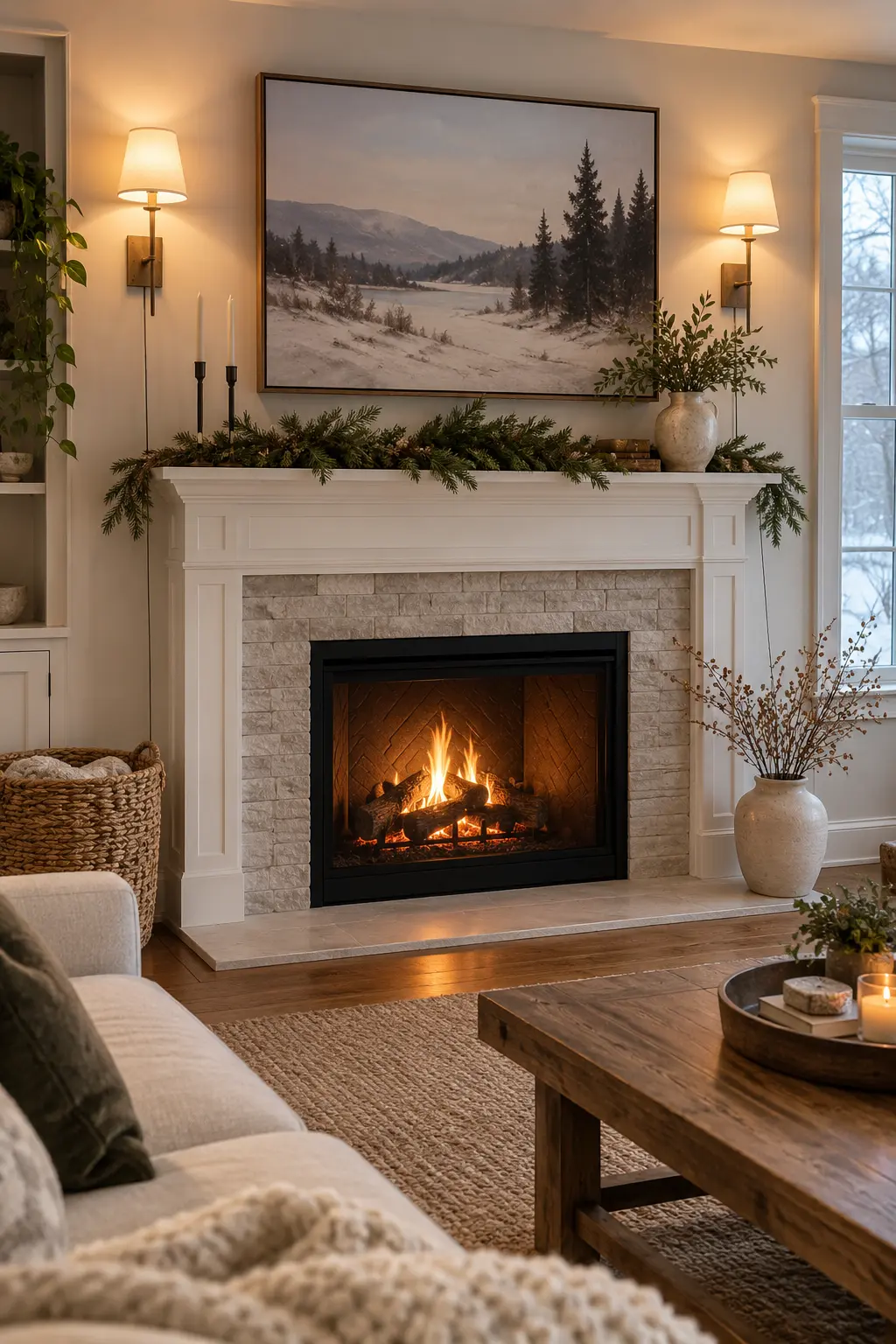Add Plug-In Sconces Beside the Fireplace for winter fireplace decor after Christmas