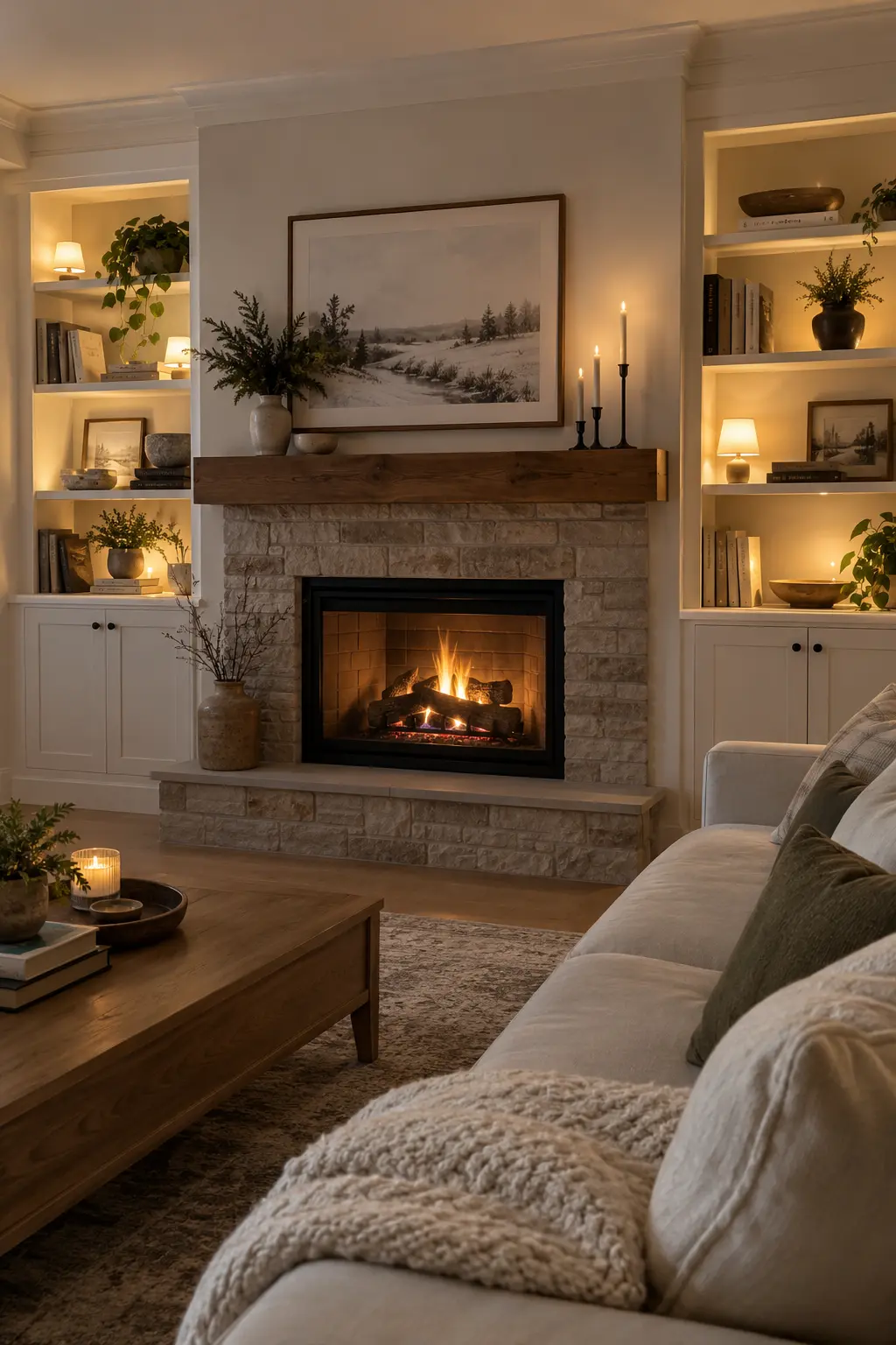 Light the Built-Ins Instead of the Mantel for winter fireplace decor after Christmas