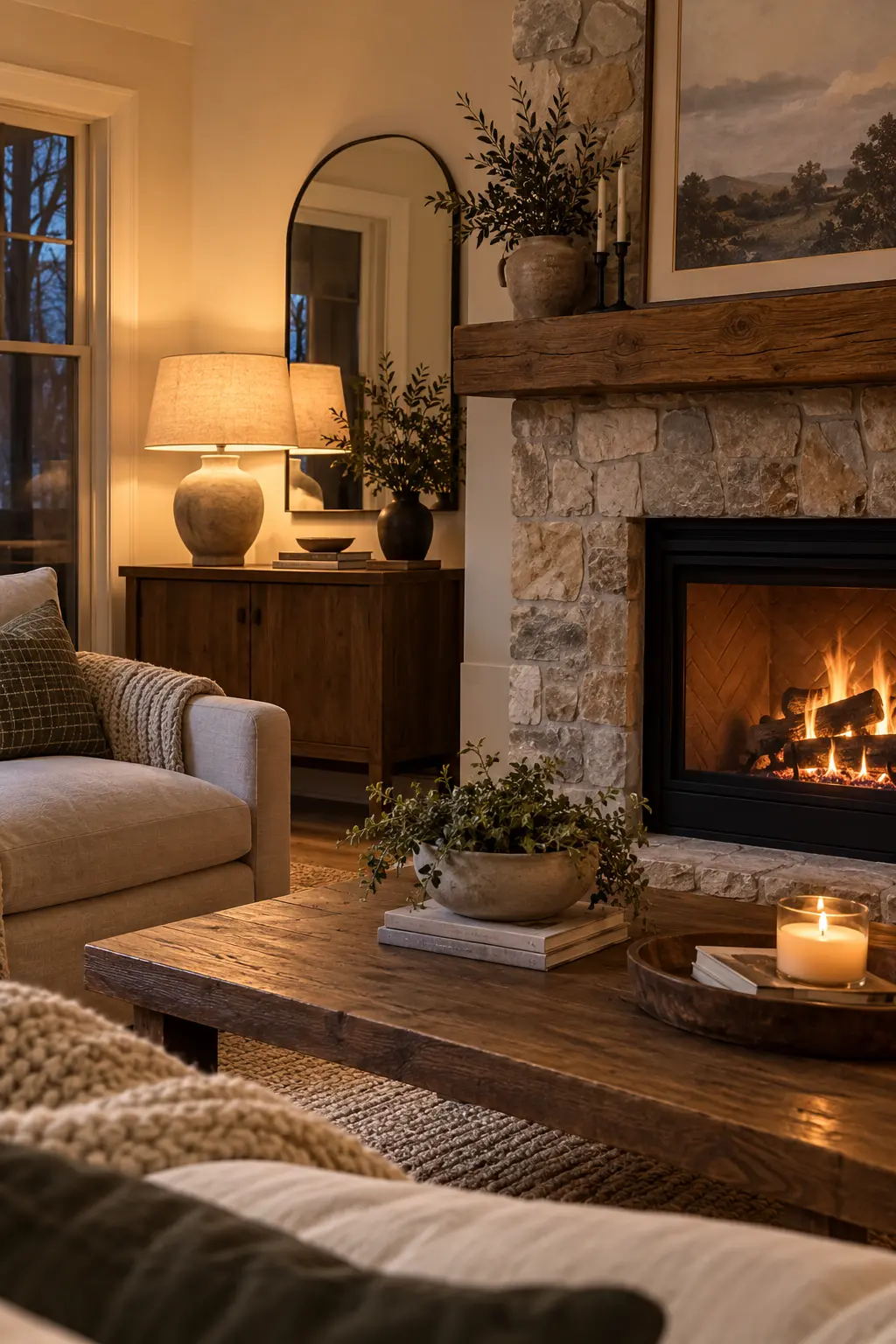 Use a Single Sculptural Table Lamp for winter fireplace decor after Christmas