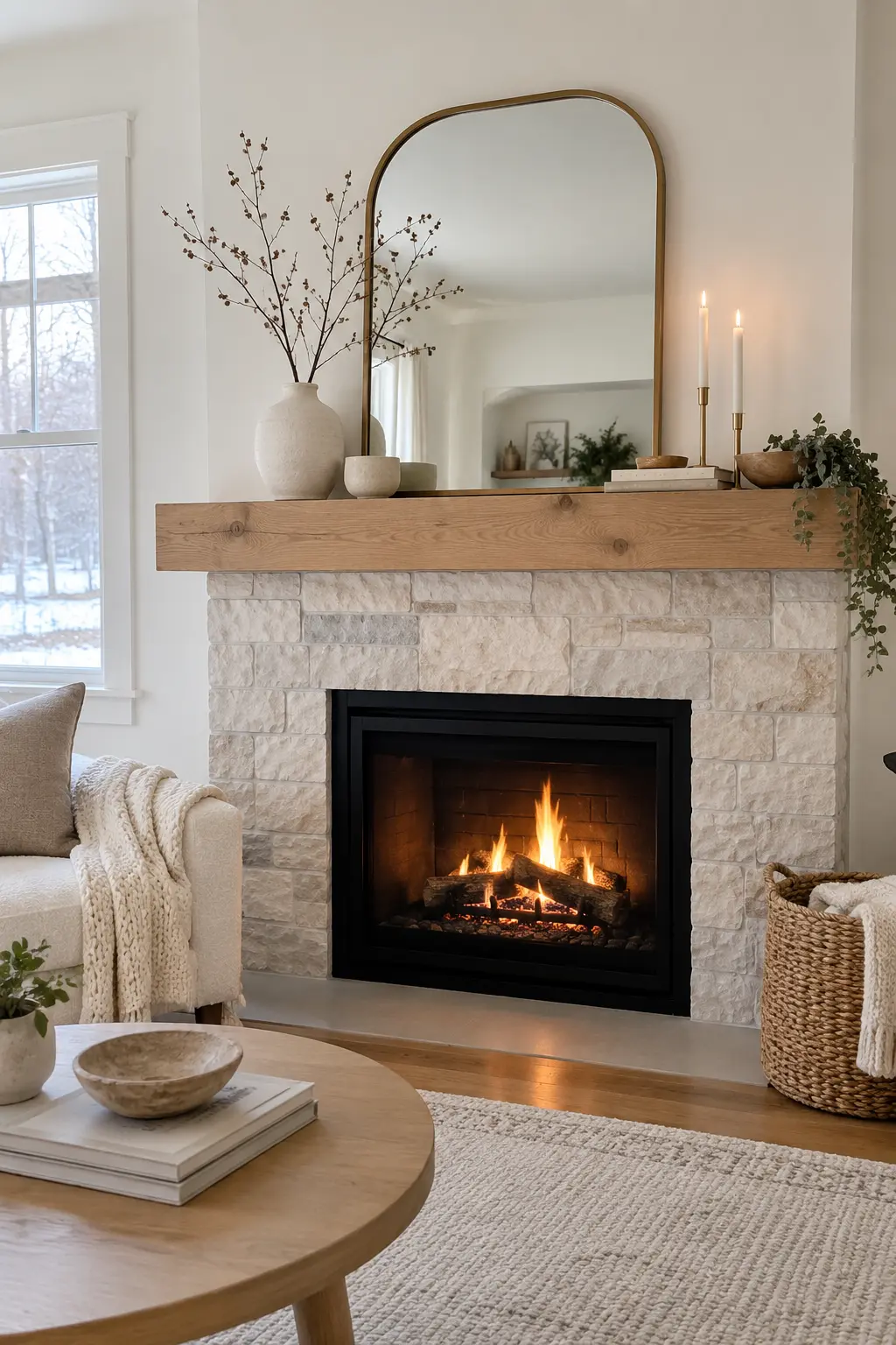 Style a Scandinavian Winter Mantel for winter fireplace decor after Christmas