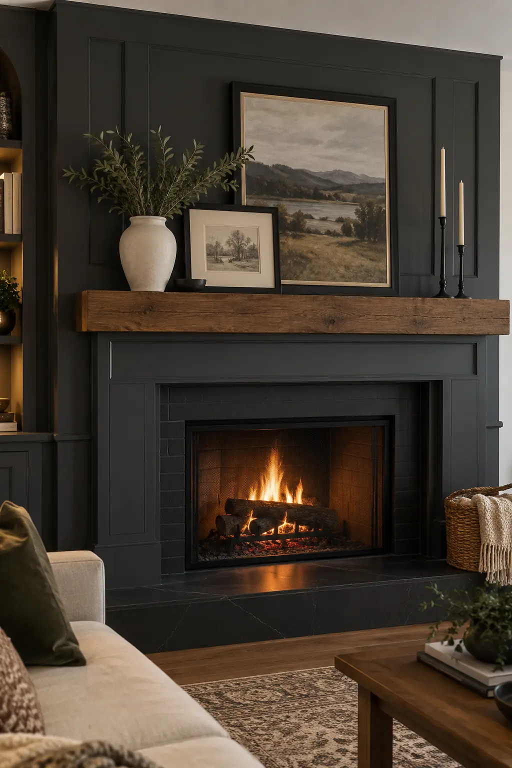 Create a Moody Charcoal Mantel for winter fireplace decor after Christmas