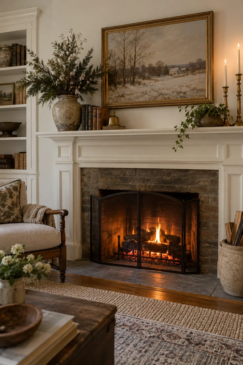 Use an English-Cottage Winter Mix for winter fireplace decor after Christmas