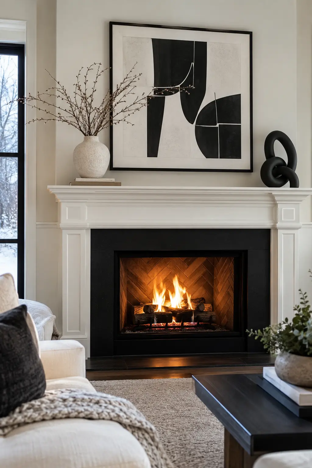 Go Modern With Black and White for winter fireplace decor after Christmas