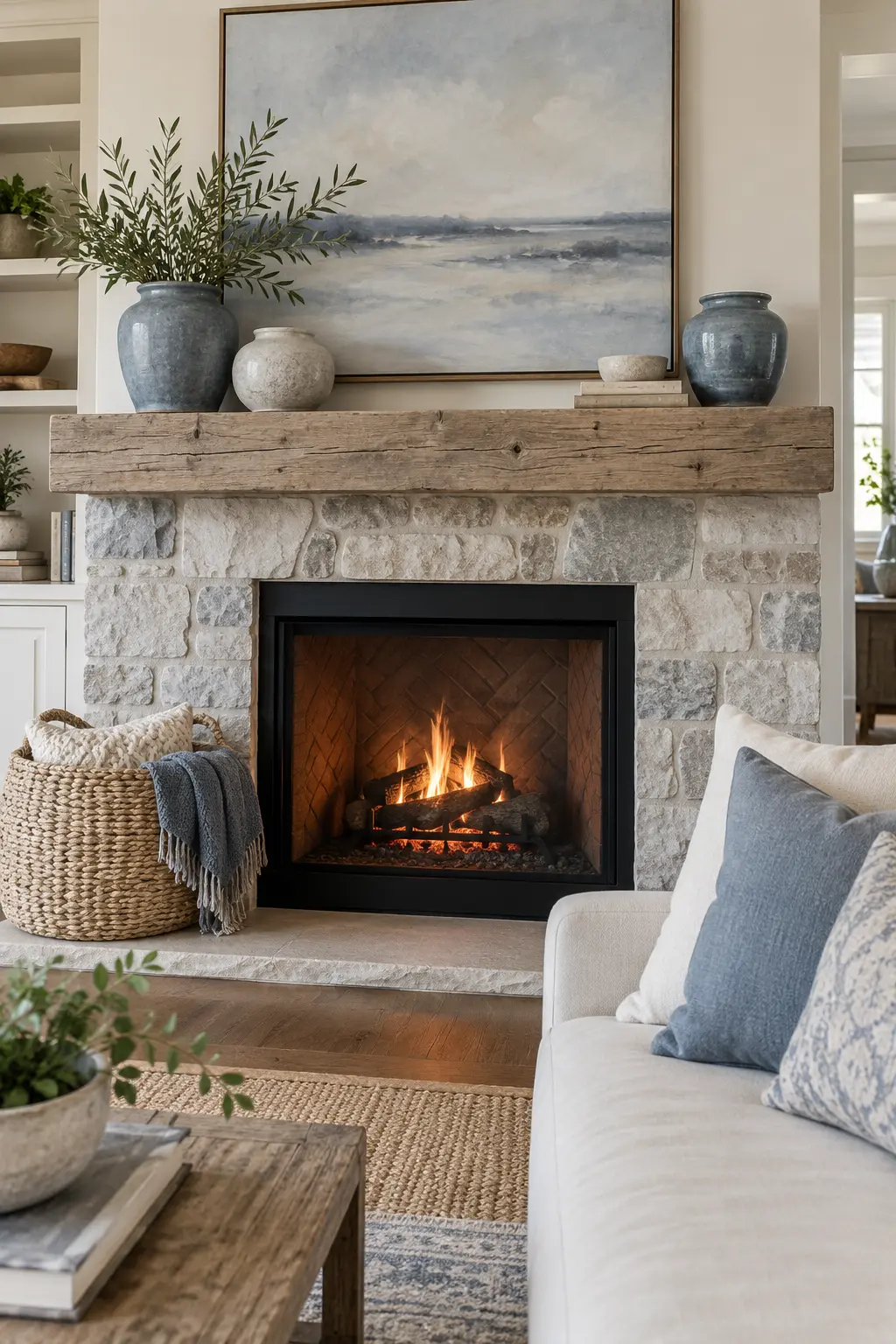 Build a Blue-Gray Coastal Winter Look for winter fireplace decor after Christmas