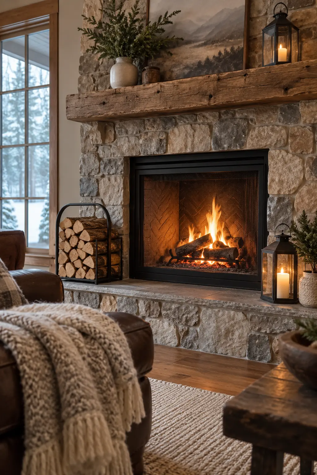 Try a Rustic Cabin Arrangement for winter fireplace decor after Christmas