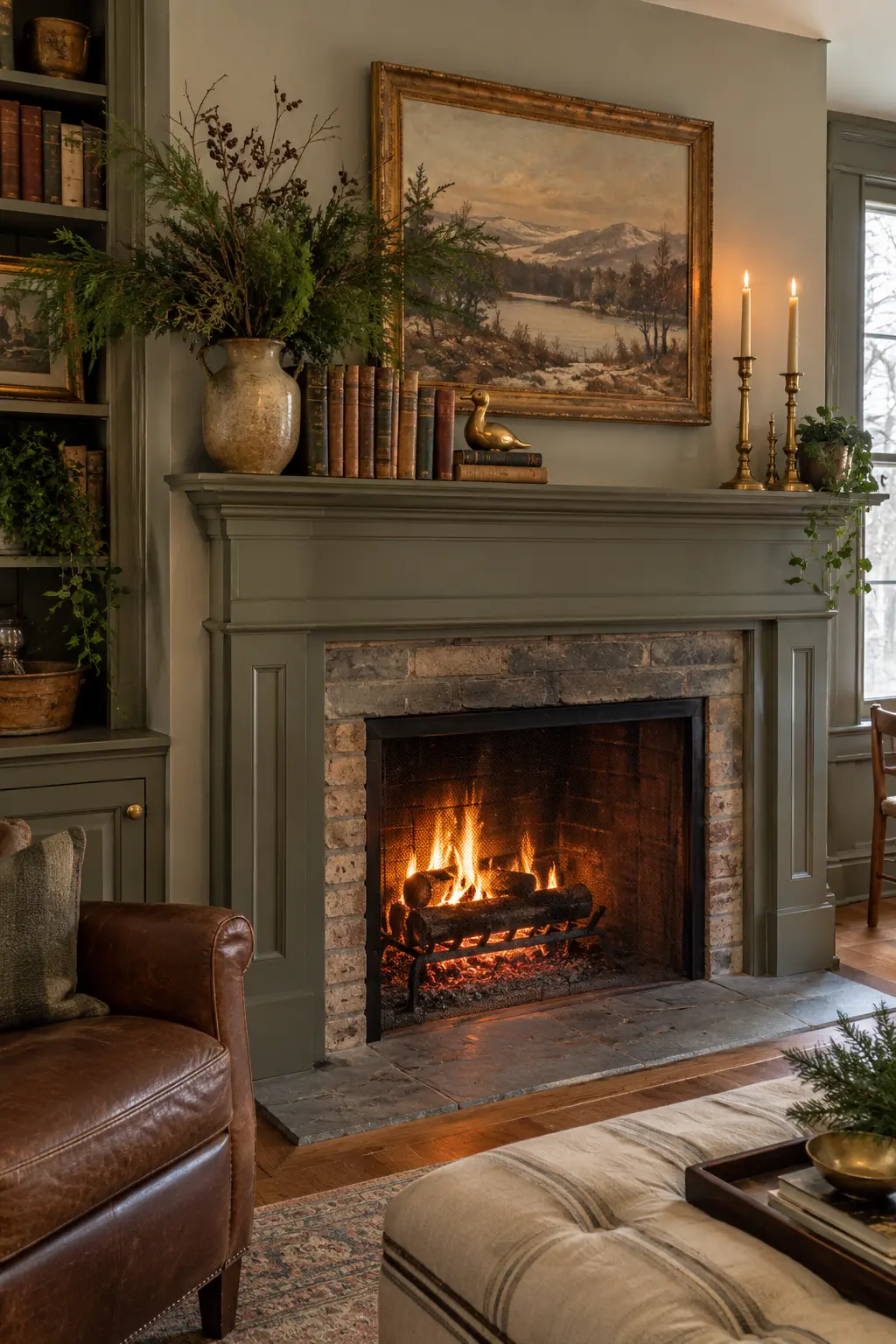Create a Vintage Library Mantel for winter fireplace decor after Christmas