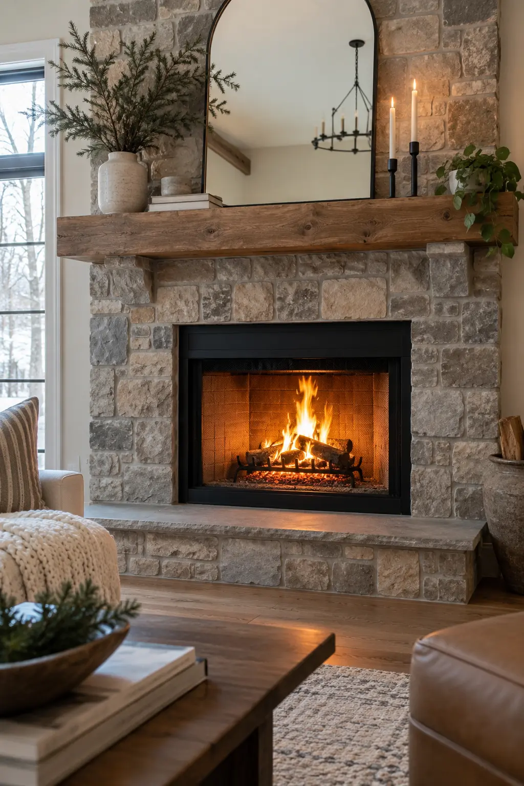 Keep Decor Outside the Working-Fire Zone for winter fireplace decor after Christmas
