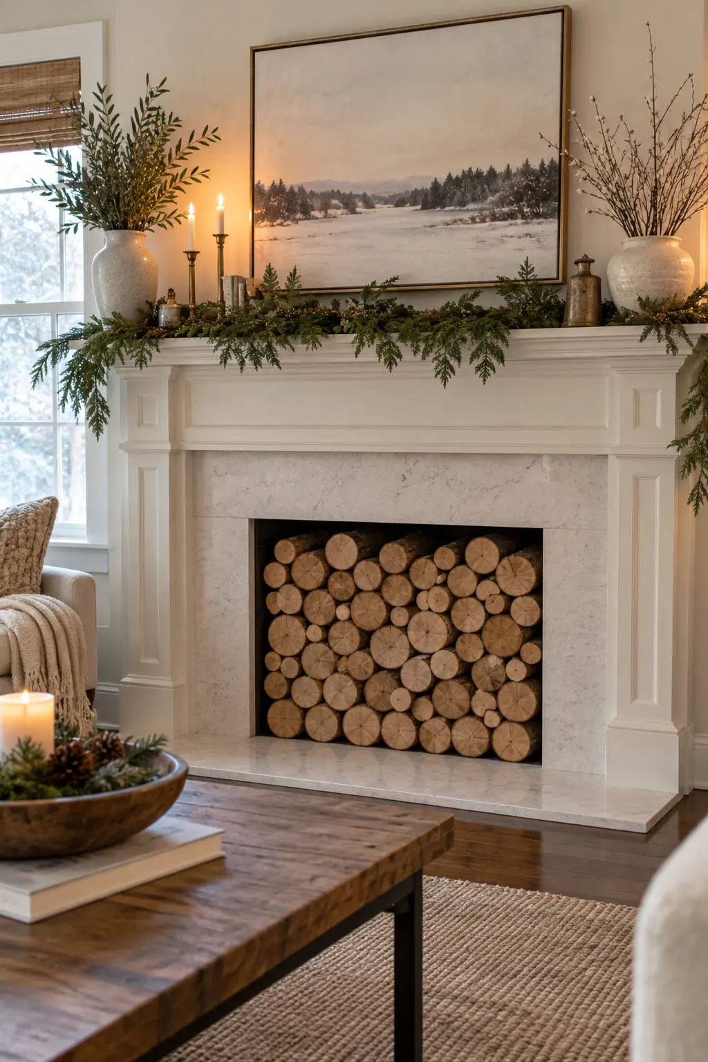 Fill a Nonworking Firebox With Logs for winter fireplace decor after Christmas