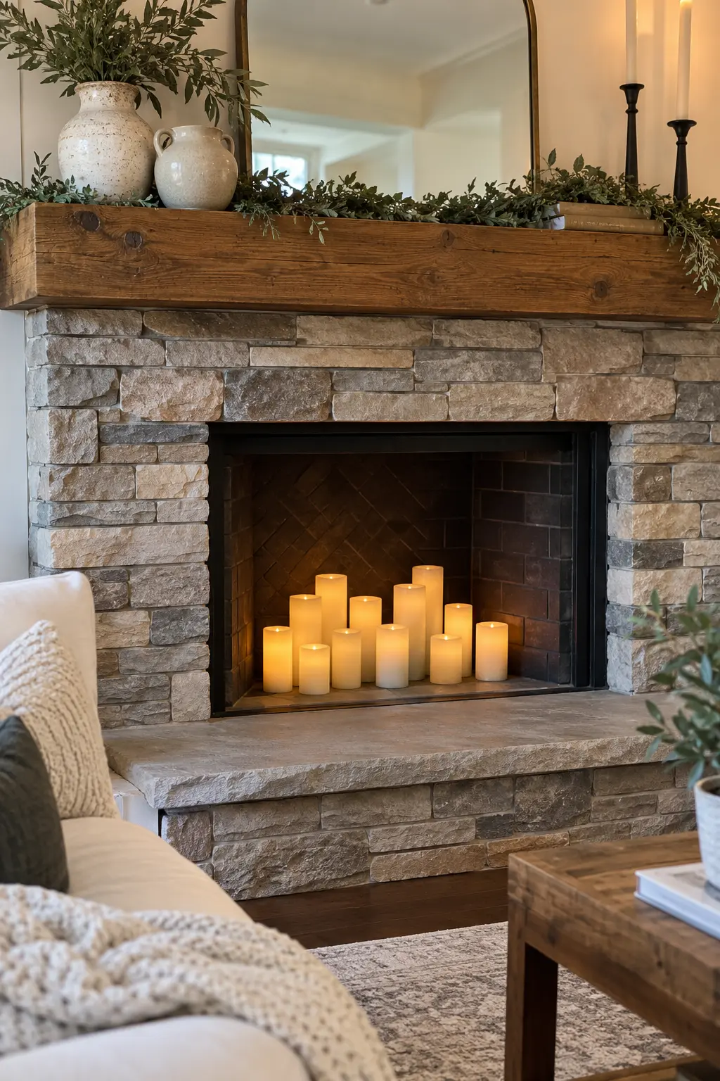 Use Flameless Candles in an Empty Firebox for winter fireplace decor after Christmas