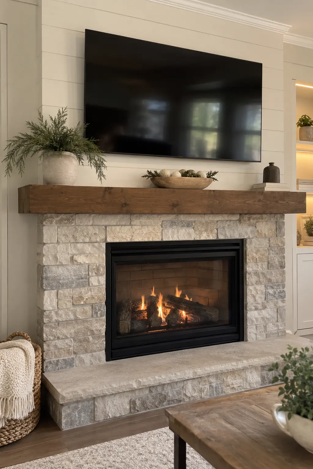 Decorate Around a TV Above the Fireplace for winter fireplace decor after Christmas