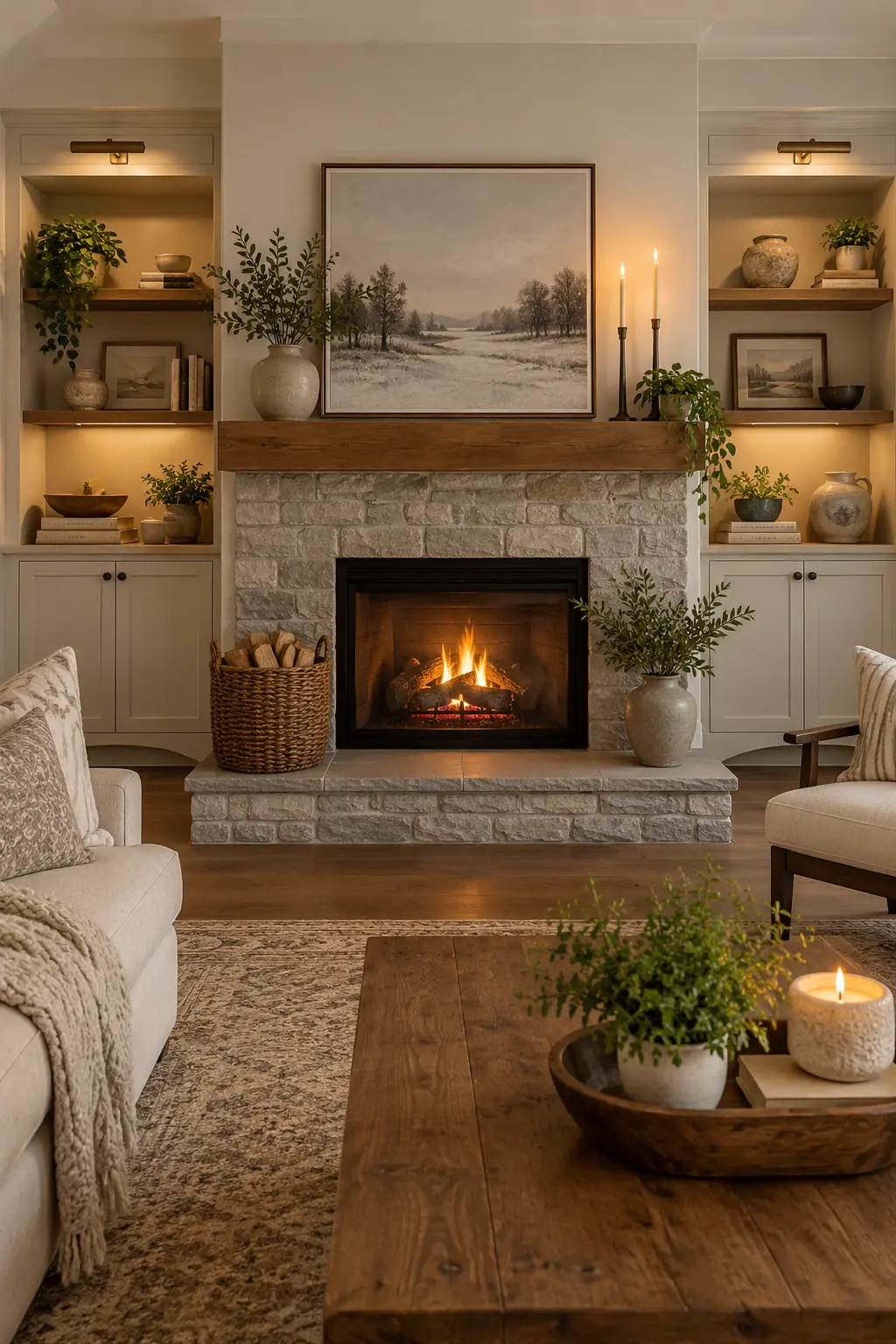 Balance Fireplace Built-Ins for winter fireplace decor after Christmas