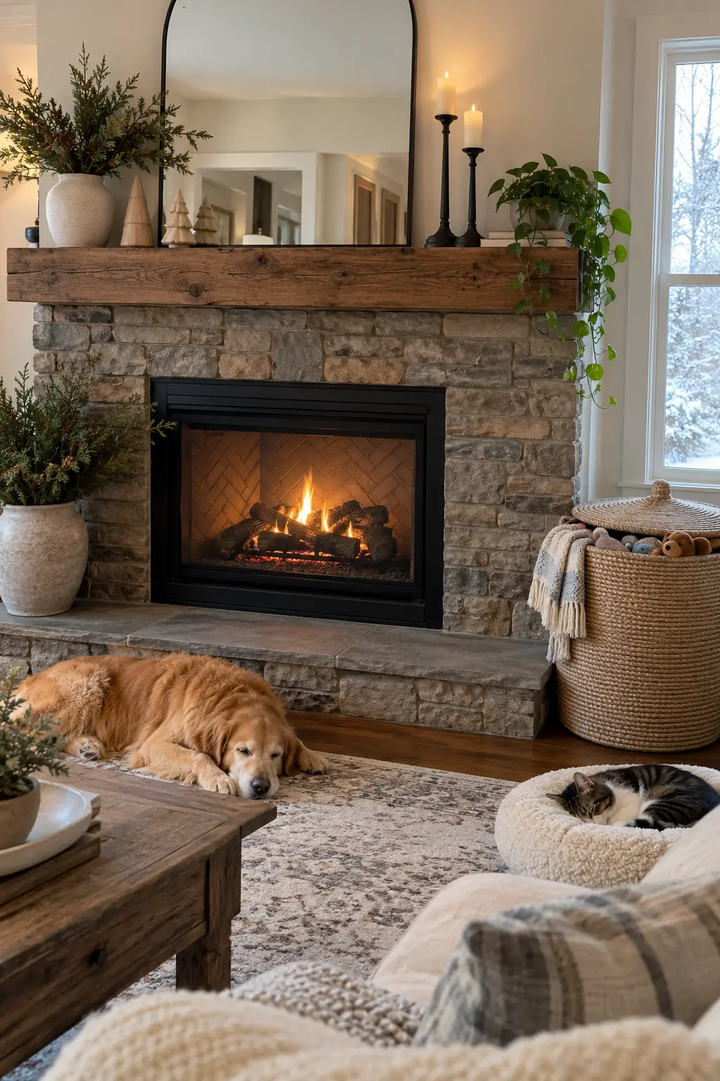 Choose Kid- and Pet-Aware Winter Decor for winter fireplace decor after Christmas