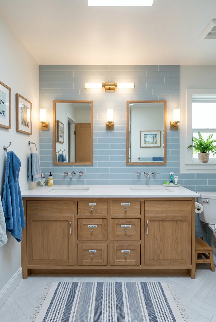 Shared kids bathroom with two sink stations and divided storage