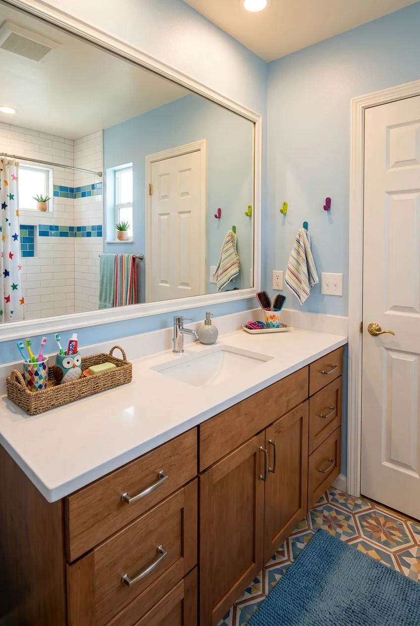 Long single-sink vanity arranged as two children's grooming stations