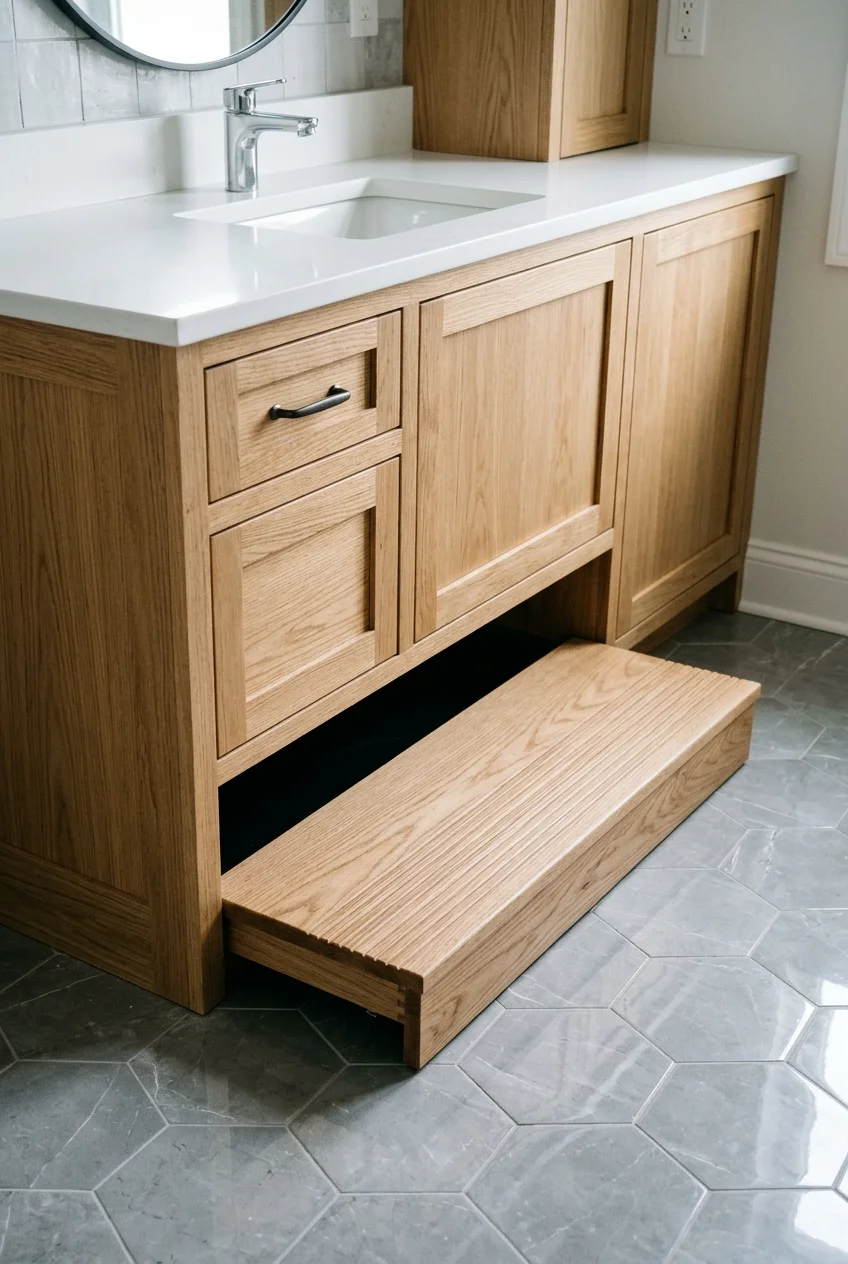 Pullout vanity step extended below a child-height sink