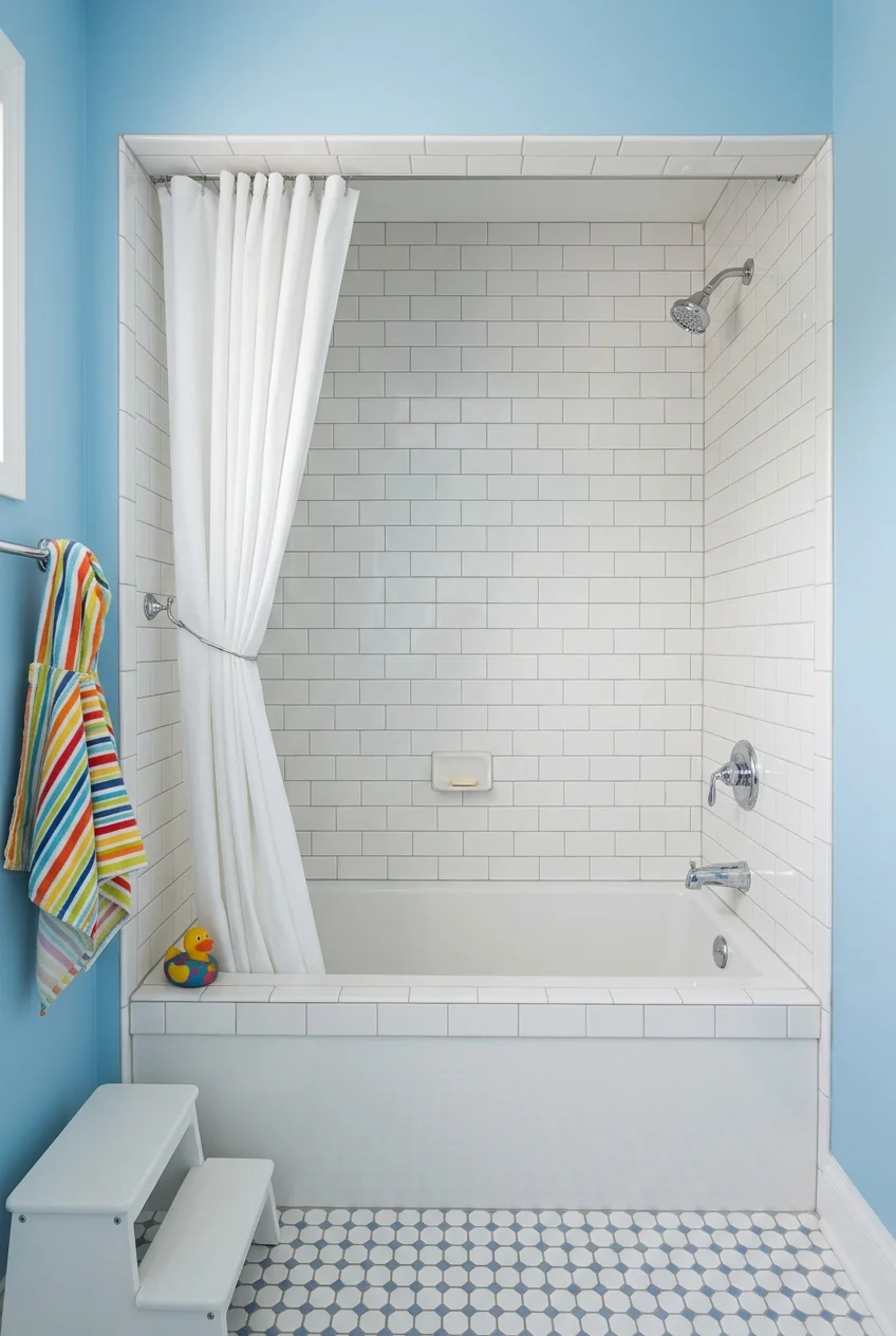 Kids bathroom remodel retaining a practical alcove tub