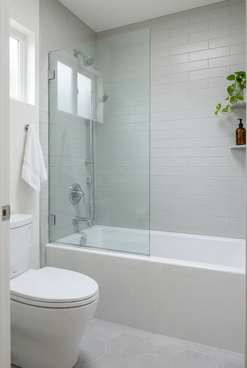 Partial glass bath screen with accessible shower controls
