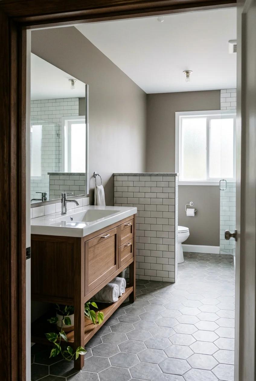 Kids bathroom layout with toilet screened from the vanity