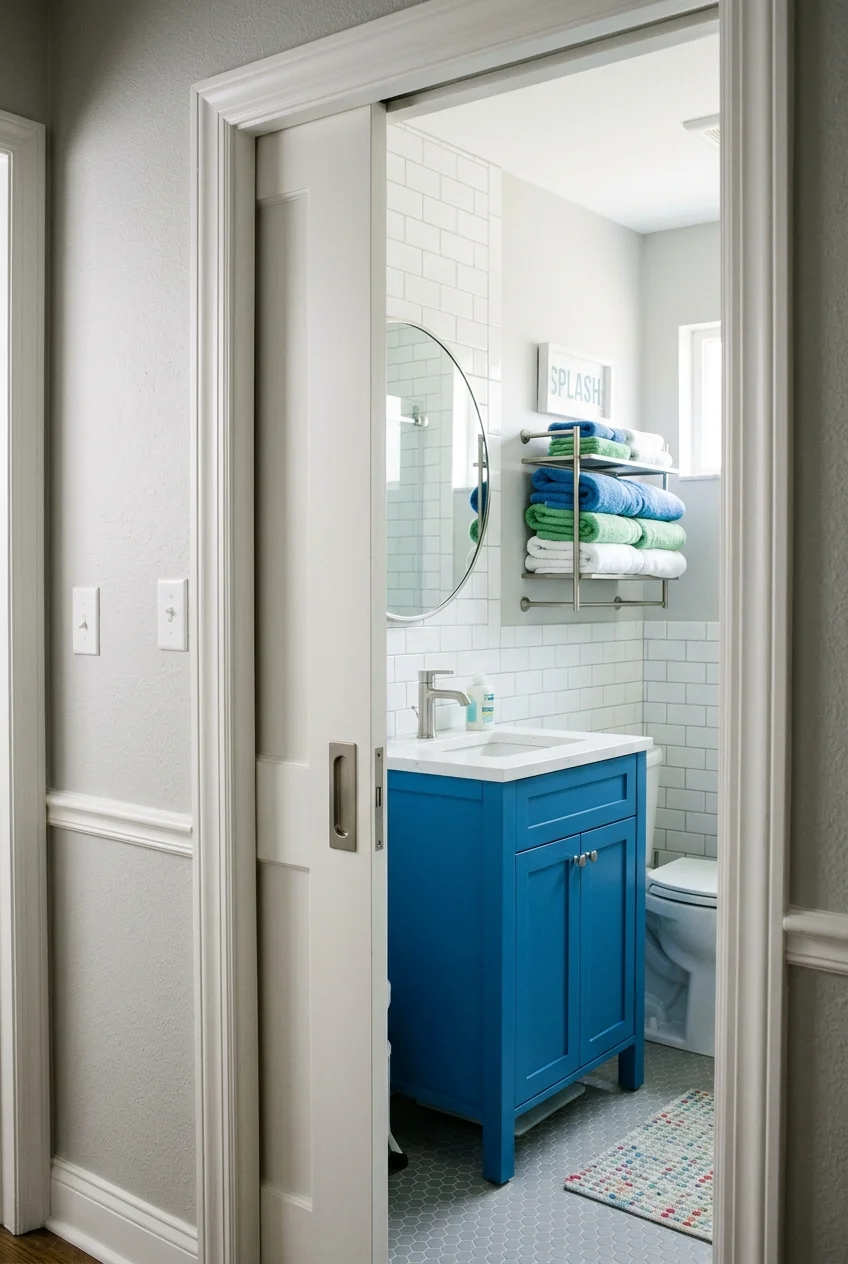 Pocket door freeing wall space in a small kids bathroom