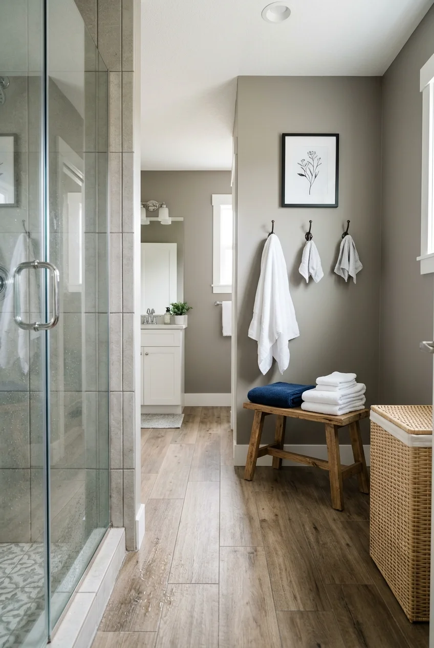 Dry changing zone positioned beyond the bathroom splash area