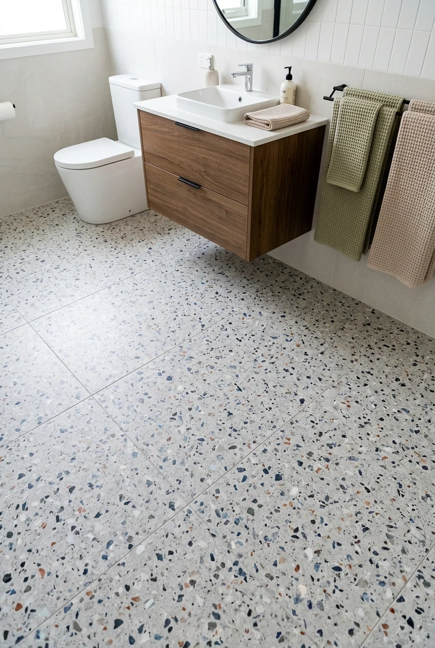 Terrazzo-look floor adding color to a kids bathroom