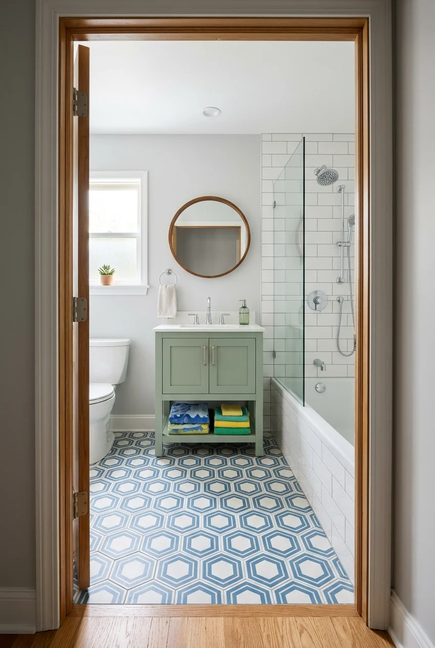 Graphic bathroom floor balanced by simple white shower tile