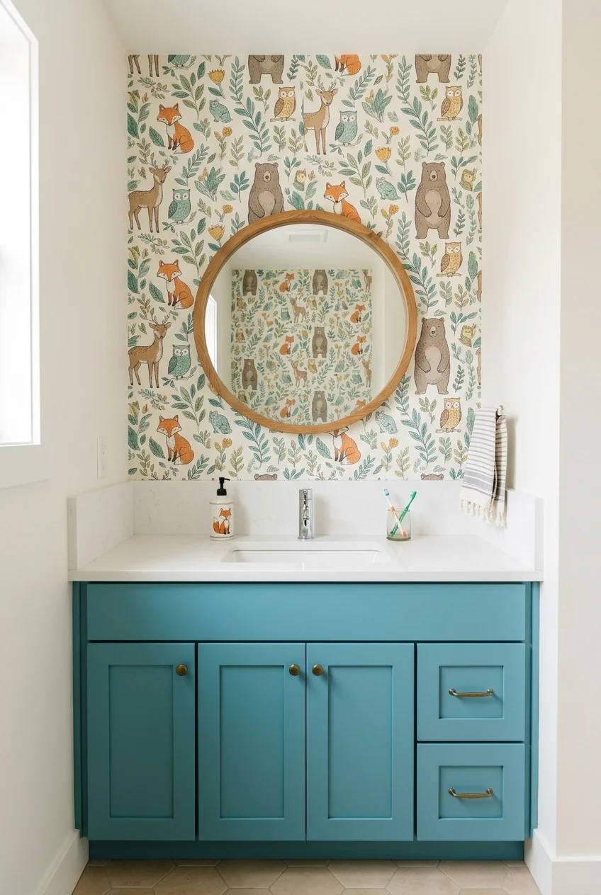 Playful wallpaper used on a dry vanity wall