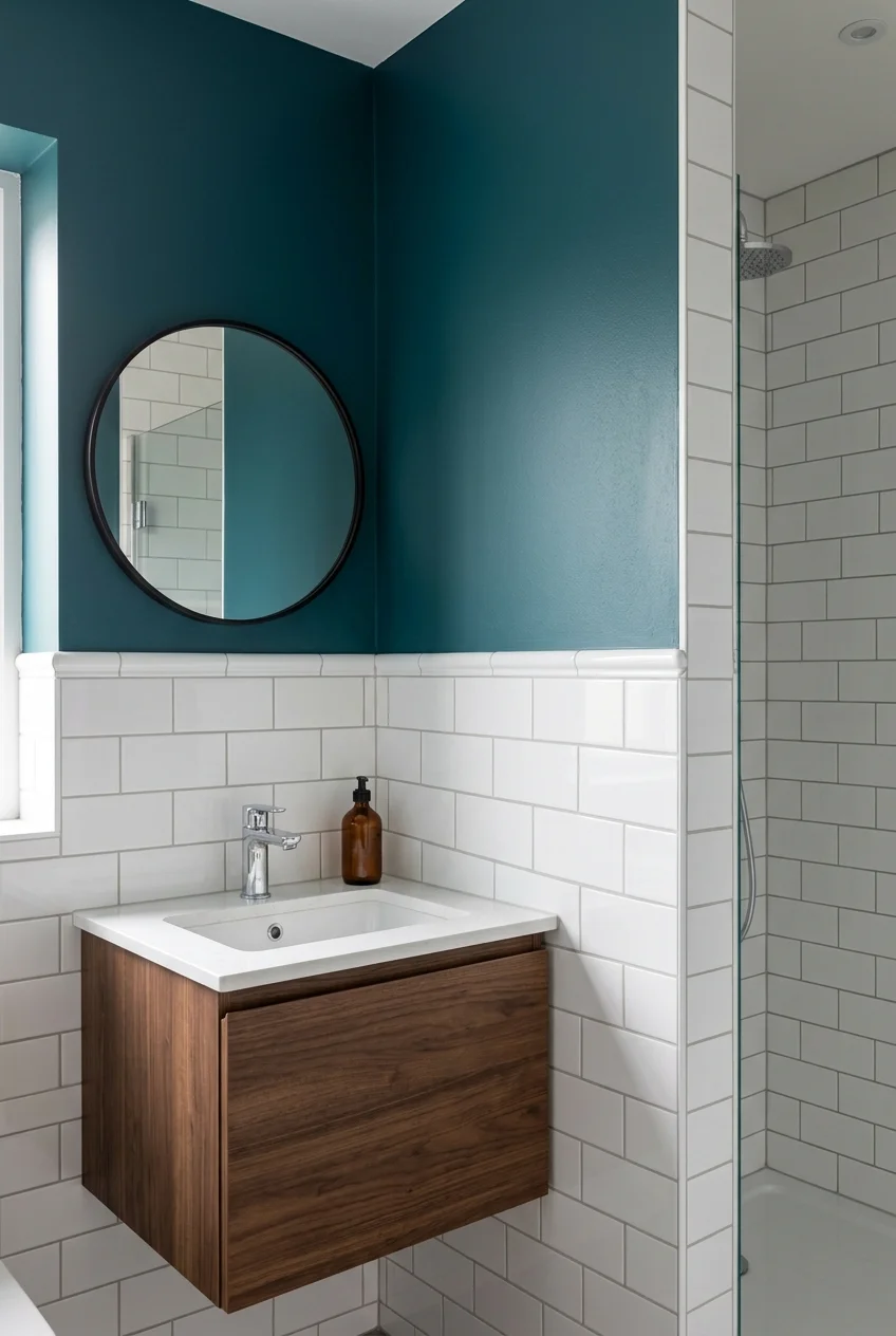 Two-part bathroom wall with tile below and colorful paint above