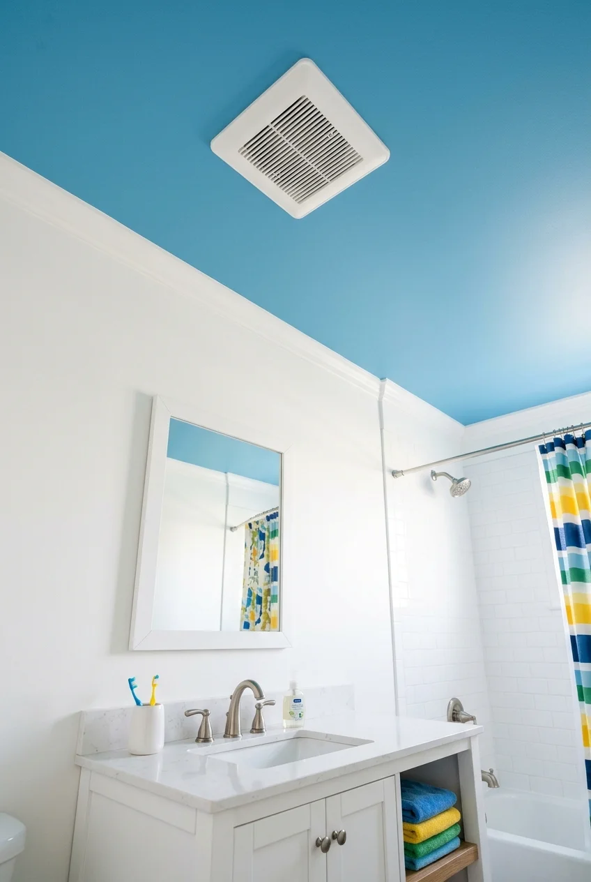 Colorful ceiling adding personality to a kids bathroom