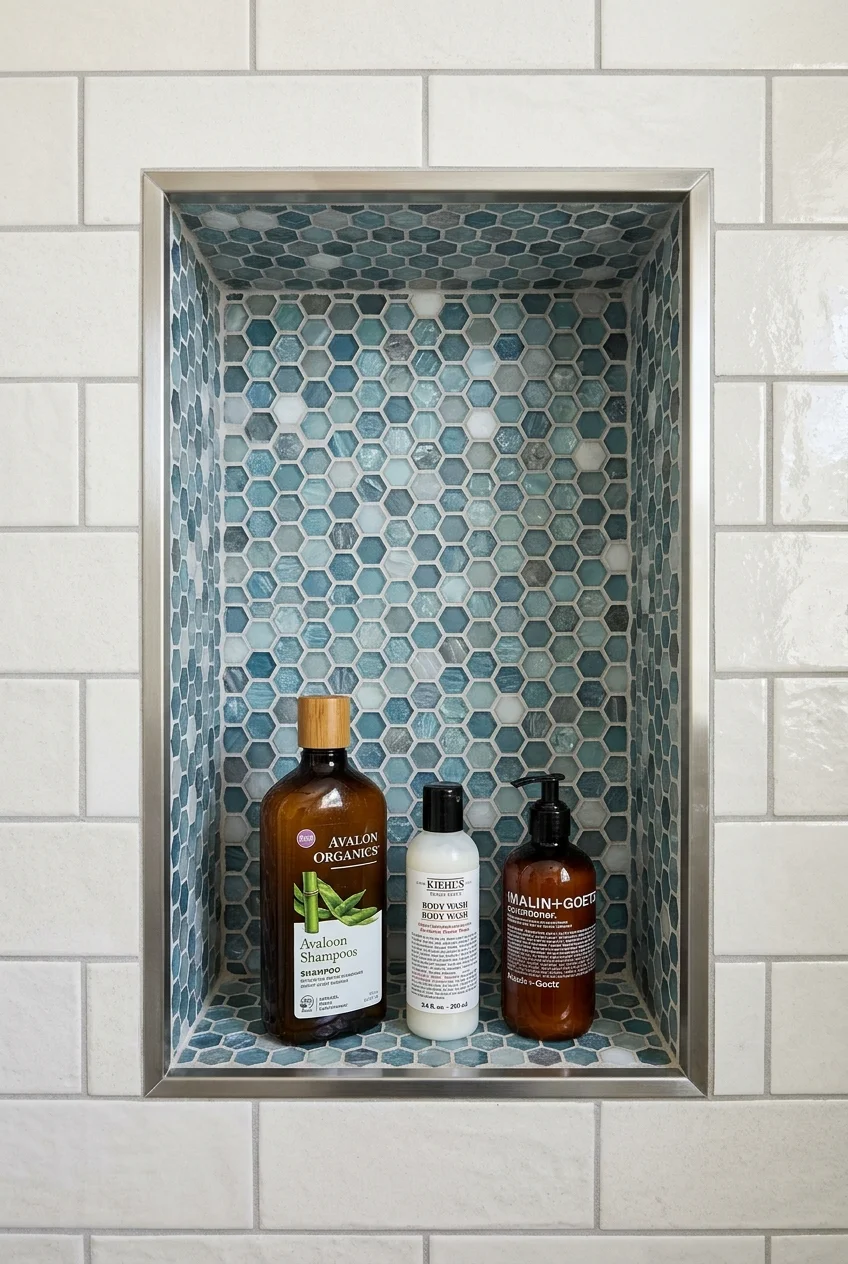 Accent mosaic lining a recessed kids shower niche