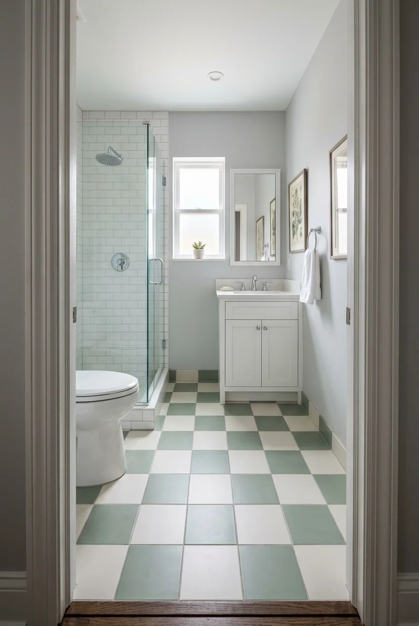 Soft checkerboard tile floor sized for a compact kids bathroom