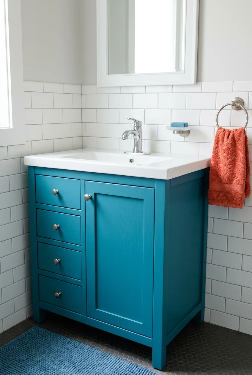 Colorful painted vanity as the focal point in a kids bathroom
