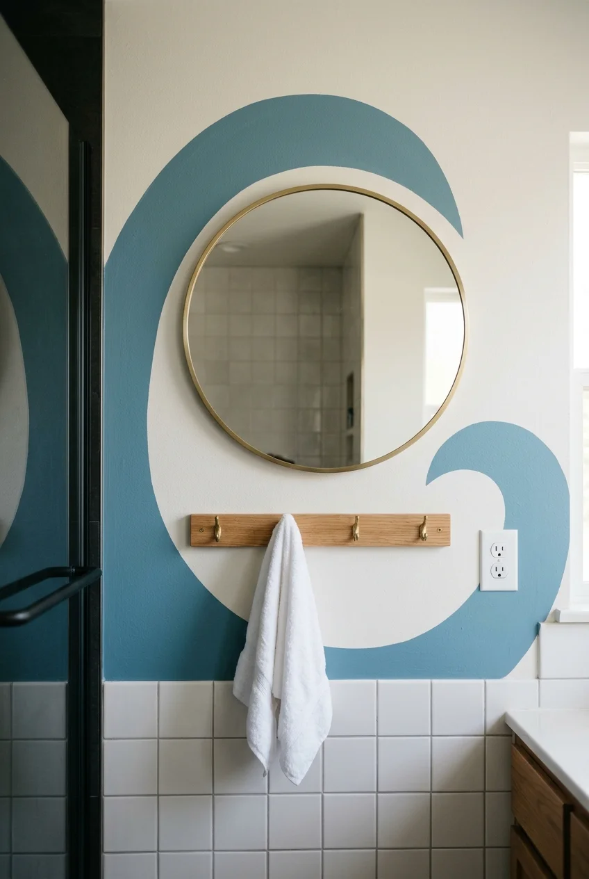 Simple painted mural on a dry kids bathroom wall